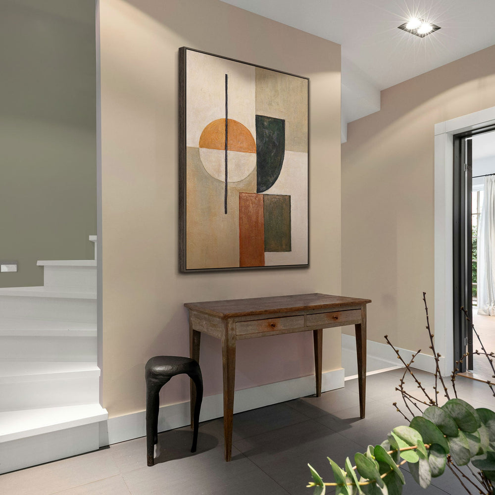 Handgemaltes abstraktes Gemälde im Rahmen mit geometrischen Formen