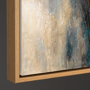 Handgemaltes abstraktes Acrylbild „Wind und Gold" – Bronze & Türkis mit Goldlinien, 60x40 cm mit Rahmen