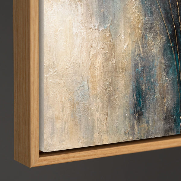 Handgemaltes abstraktes Acrylbild „Wind und Gold" – Bronze & Türkis mit Goldlinien, 60x40 cm mit Rahmen