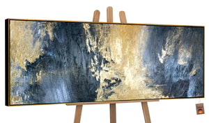 Abstraktes Wandbild, handgemalt, Gold und Blau, moderne Kunst, Texturmalerei, gerahmtes Gemälde, horizontal, luxuriös, Wohnzimmerdekoration, einzigartige Kunst, dekorative Wandkunst, Made in Germany