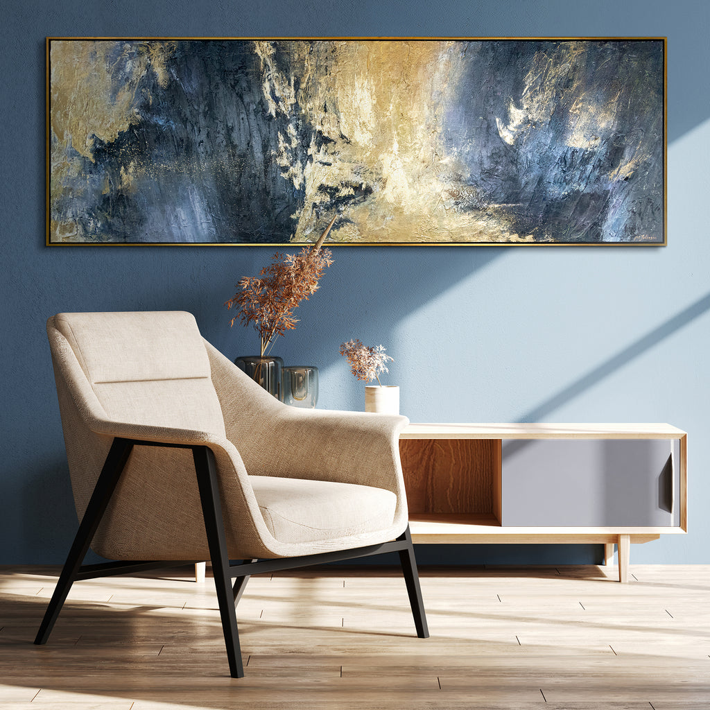 Exklusive Wandkunst, handgemaltes Gemälde, abstrakte goldene und blaue Texturen, moderne Kunst, gerahmt, horizontale Leinwand, Wohnzimmerdekoration, luxuriöse Wanddekoration, einzigartiges Design