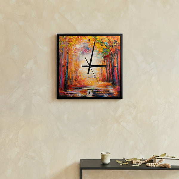 Handgemalte außergewöhnliche Wanduhr – expressive Herbstlandschaft – 35×35 cm