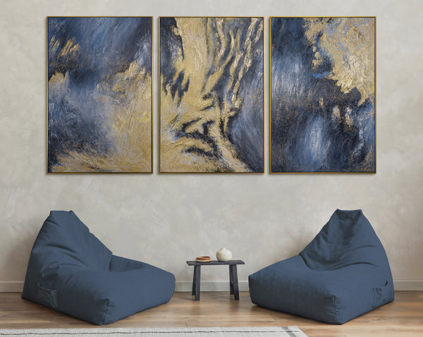 „Spiegelungen II“ – Handgemaltes Triptychon Abstrakt mit schwarz-goldenem Rahmen