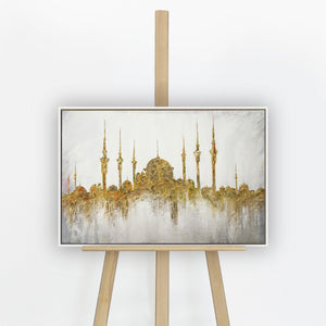 Handgemaltes Wandbild „Moschee" auf Staffelei – weißer Holzrahmen, Acryl auf Leinwand 