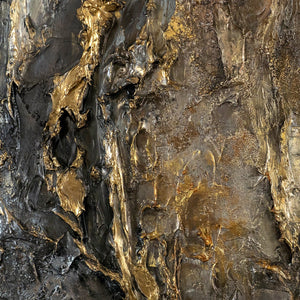Detail des Gemäldes „Universum I" – skulpturale Relieftextur in Gold, Beige und Graphit 
