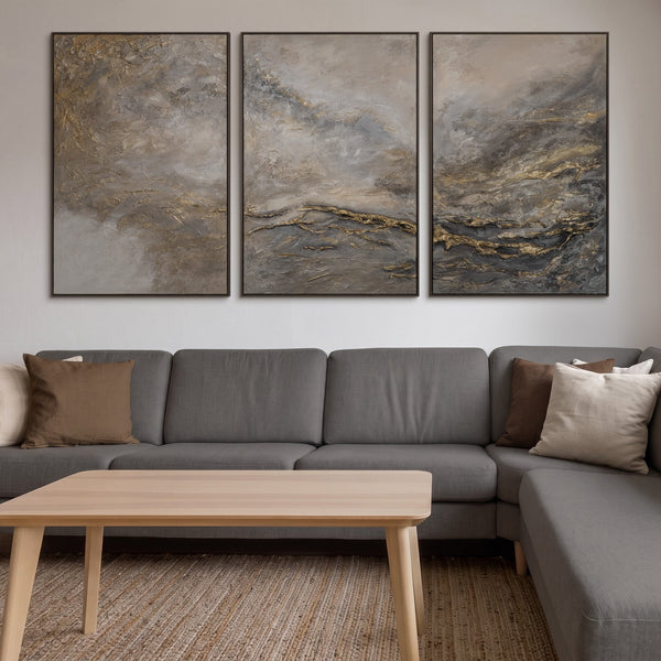 „Universum I“ – Handgemaltes Triptychon Abstrakt mit grauem Rahmen