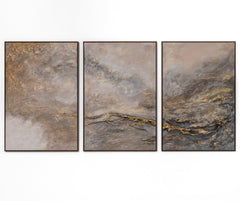 „Universum I“ – Handgemaltes Triptychon Abstrakt mit grauem Rahmen