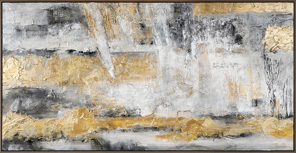 Abstrakte Acrylmalerei mit goldenen Akzenten auf Leinwand mit Rahmen