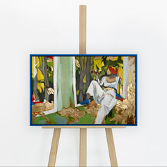 Handgemaltes Acrylbild „Inspiration" auf Staffelei – Frau im Garten mit Goldstruktur, blauer Rahmen