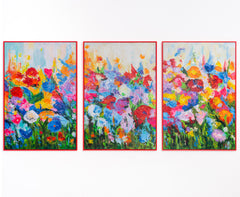 „Blumige Farben“ – Handgemaltes Blumen-Triptychon mit rotem Rahmen