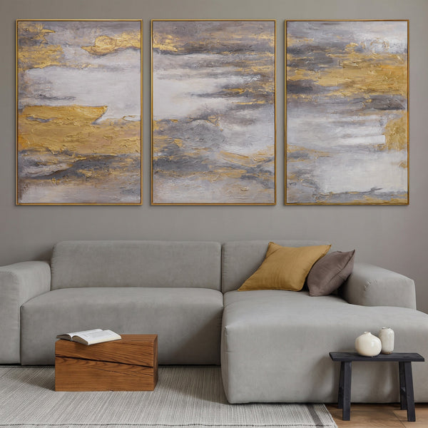 „Sanfter Zeitfluss“ – Handgemaltes Triptychon Abstrakt mit goldenem Rahmen