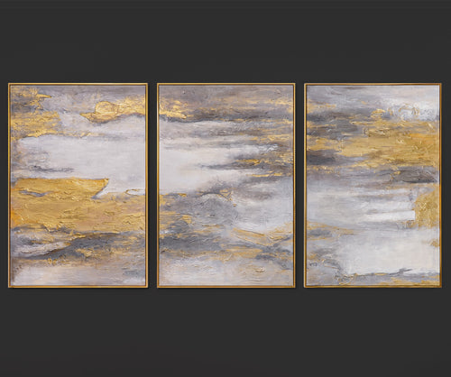„Sanfter Zeitfluss“ – Handgemaltes Triptychon Abstrakt mit goldenem Rahmen