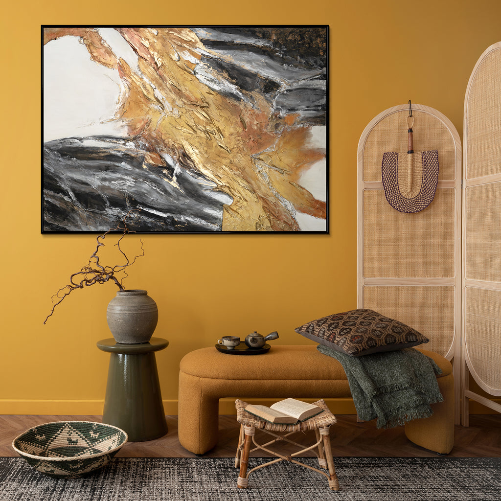 Abstrakte Kunst mit schwarzem Rahmen, Moderne Gemälde für Wohnzimmer, Handgemalte Bilder auf Leinwand, Goldene Textur abstrakte Kunst, Einzigartige Kunstwerke mit Rahmen, Großformatige Gemälde in goldenen Farbtönen, Abstrakte Gemälde in Schwarz und Gold, Kunst für Inneneinrichtung, Texturiertes Acrylgemälde, Moderne Wandkunst