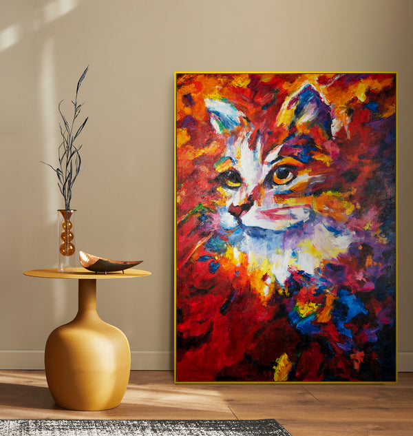 Handgemalte Katze Acrylbilder im Rahmen "Abstrakter Kater" Texturierte Wandkunst