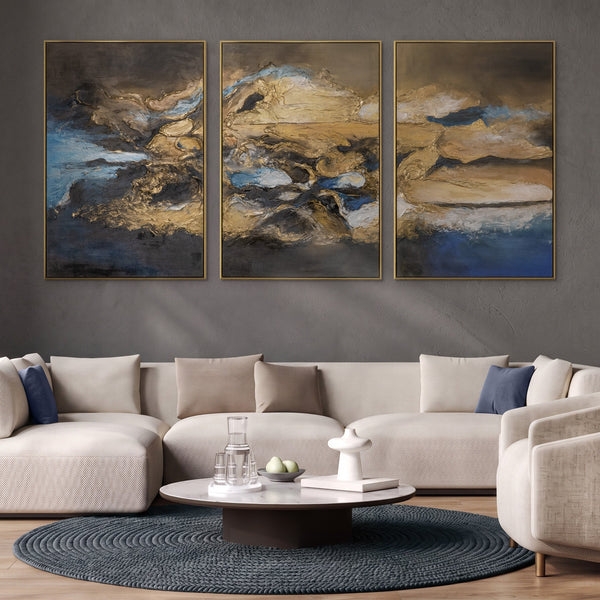 „Elegante Abstraktion“ – Handgemaltes Triptychon Abstrakt mit goldenem Rahmen