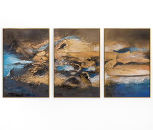 „Elegante Abstraktion“ – Handgemaltes Triptychon Abstrakt mit goldenem Rahmen