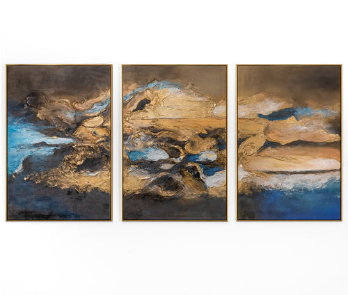 „Elegante Abstraktion“ – Handgemaltes Triptychon Abstrakt mit goldenem Rahmen