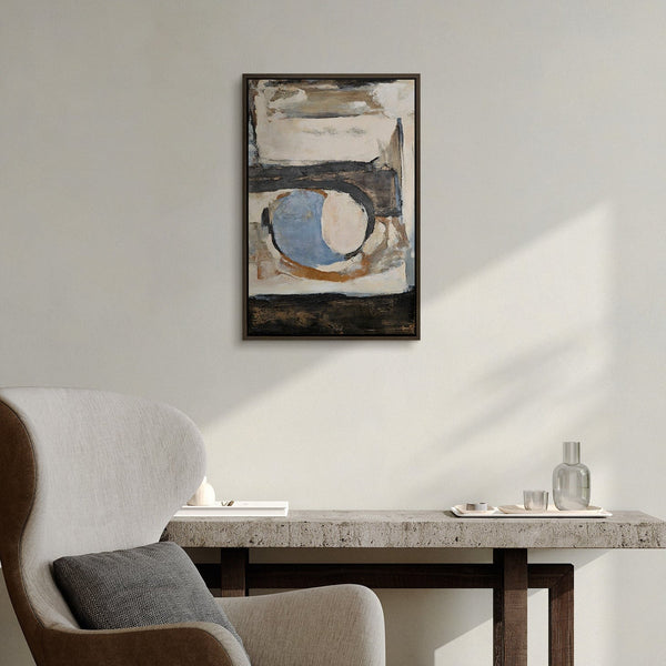 Geometrisches Wandbild „Geometrische Farben" im modernen Wohnzimmer – minimalistische Wanddeko in Beige und Blau