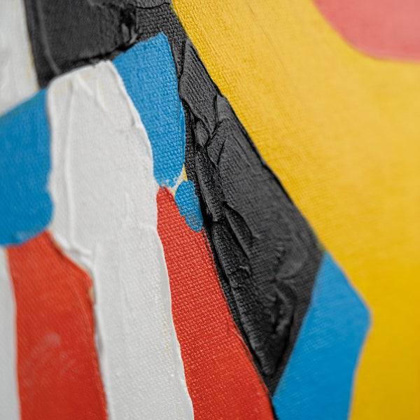 Detail des Gemäldes „Ausdrucksform" – verschlungene Figuren in leuchtenden Primärfarben
