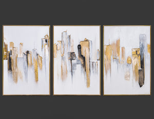 „Stadtrhythmen“ – Handgemaltes Triptychon fürs Wohnzimmer mit goldenem Rahmen