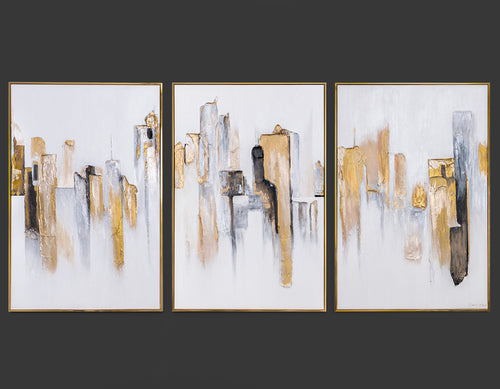 „Stadtrhythmen“ – Handgemaltes Triptychon fürs Wohnzimmer mit goldenem Rahmen