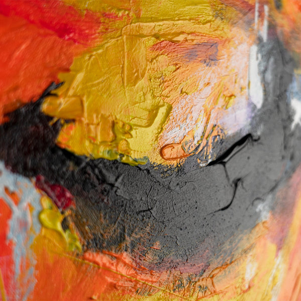 Expressives Leinwandbild „Symphonie der Farben" – Nahaufnahme der Farbspritzer in Gelb, Pink und Schwarz