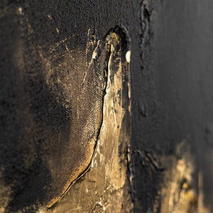 Abstraktes Leinwandbild „Goldene Fragmente" – Nahaufnahme der Spachtelstruktur in Gold und Schwarz