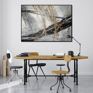 Abstrakte Leinwandkunst mit goldenen Akzenten mit Rahmen Goldener Strich