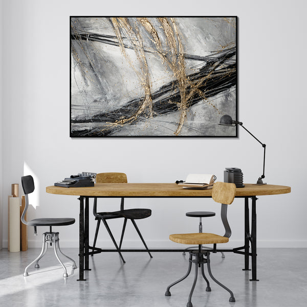 Abstrakte Leinwandkunst mit goldenen Akzenten mit Rahmen Goldener Strich