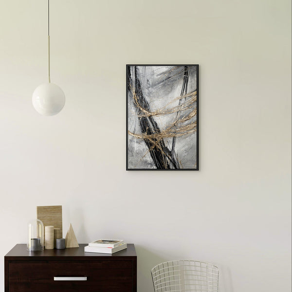 Abstraktes Acrylbild „Goldener Strich" im modernen Wohnzimmer – dynamische Wanddeko in Gold und Schwarz