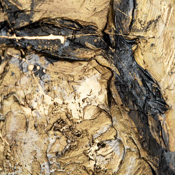 Abstraktes Naturbild „Baum des Reichtums" – Nahaufnahme der goldenen Reliefblätter auf weißem Grund