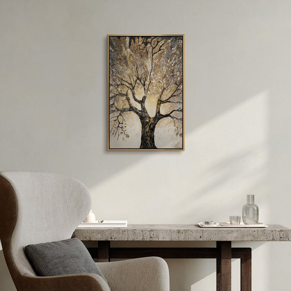 Goldenes Baumbild „Baum des Reichtums" im modernen Wohnzimmer – Lebensbaum als Wanddeko mit goldenem Rahmen