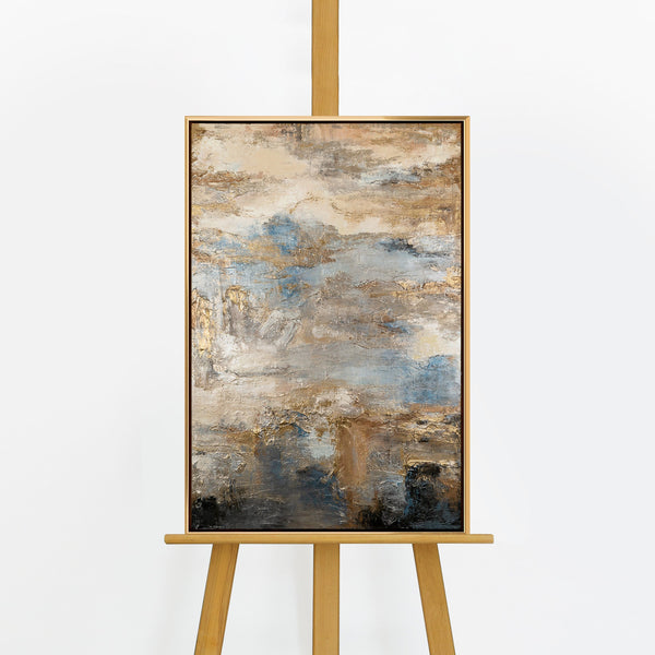 Handgemaltes Acrylbild „Glanz und Eleganz" auf Staffelei – Beige & Blau mit Goldakzenten, goldener Rahmen 