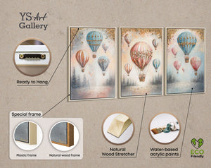 Triptychon Kinderzimmer Wandbild „Wald & Ballon" – handgemalt auf Leinwand, 120×60 cm