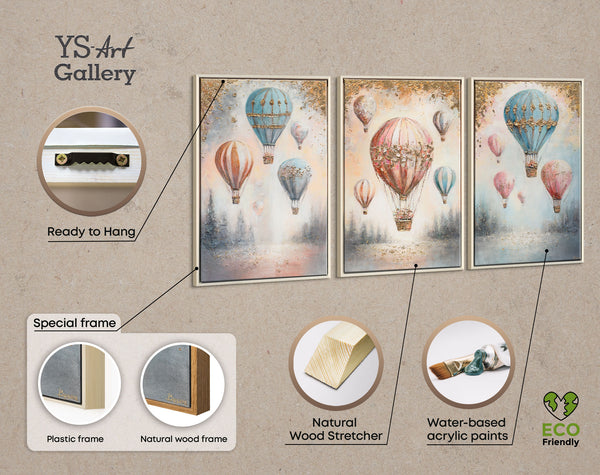 Triptychon Kinderzimmer Wandbild „Wald & Ballon" – handgemalt auf Leinwand, 120×60 cm