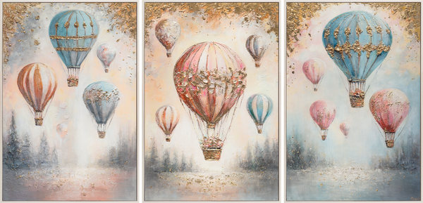 Abstrakte Acrylbild „Luftige Träume“ Triptychon auf Leinwand – Sanfte Ballon-Motive 180x120cm
