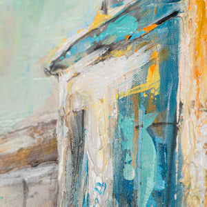 Detail des Gemäldes „Warme Brise" – expressive Farbschichten in Orange, Blau und Weiß 
