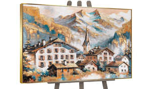Gemälde Bergdorf mit Goldrahmen – Acryl auf Leinwand