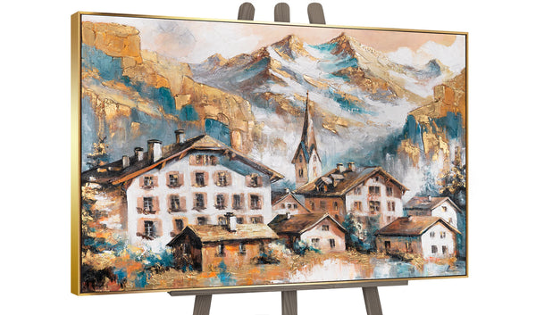 Gemälde Bergdorf mit Goldrahmen – Acryl auf Leinwand