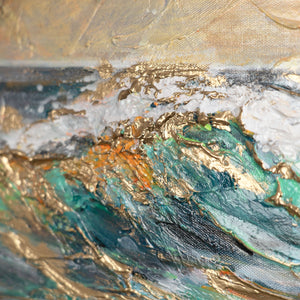 Handgemaltes Wandbild „Harmonien der Küste" – Möwen am Strand mit Wellen und goldenem Himmel 
