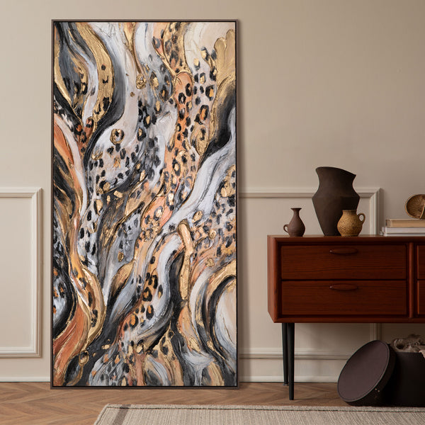 Abstrakte Acrylbild in Schwarz-Gold - Gemälde mit Rahmen für Wohnzimmer "Wilde Energie"