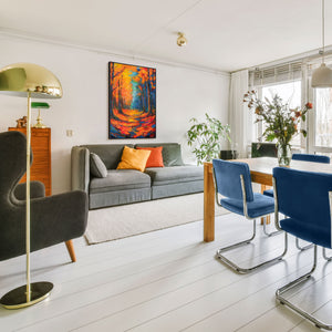 Wandbild auf Leinwand mit Rahmen „Glühende Pfade im Herbstwald“ – handgemalt mit Struktur