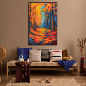 Wandbild auf Leinwand mit Rahmen „Glühende Pfade im Herbstwald“ – handgemalt mit Struktur