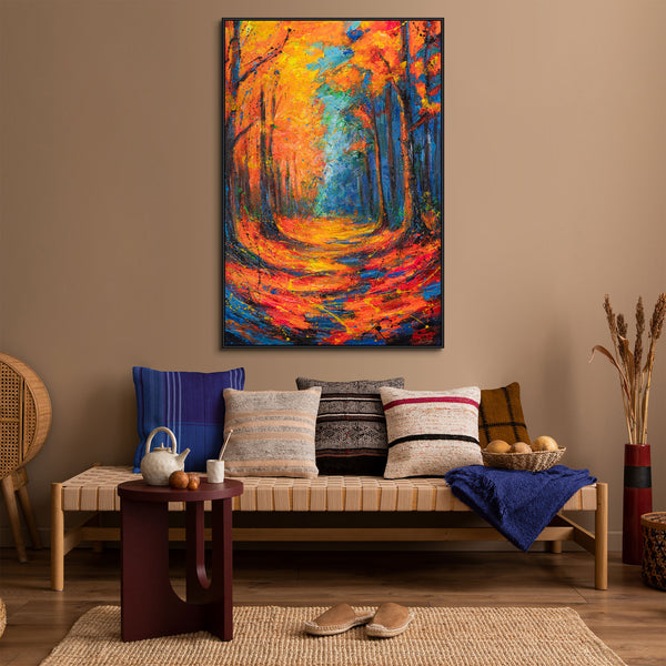 Wandbild auf Leinwand mit Rahmen „Glühende Pfade im Herbstwald“ – handgemalt mit Struktur
