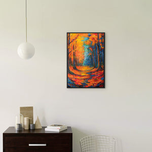 Herbstbild „Atem des Laubs" im modernen Wohnzimmer – expressive Wanddeko in Orange und Blau