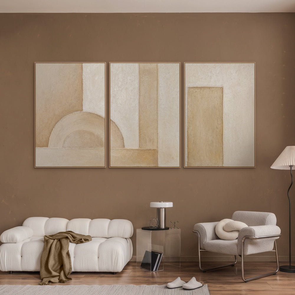 „Raum der Formen“– Triptychon Beige 3-teilig handgemalt