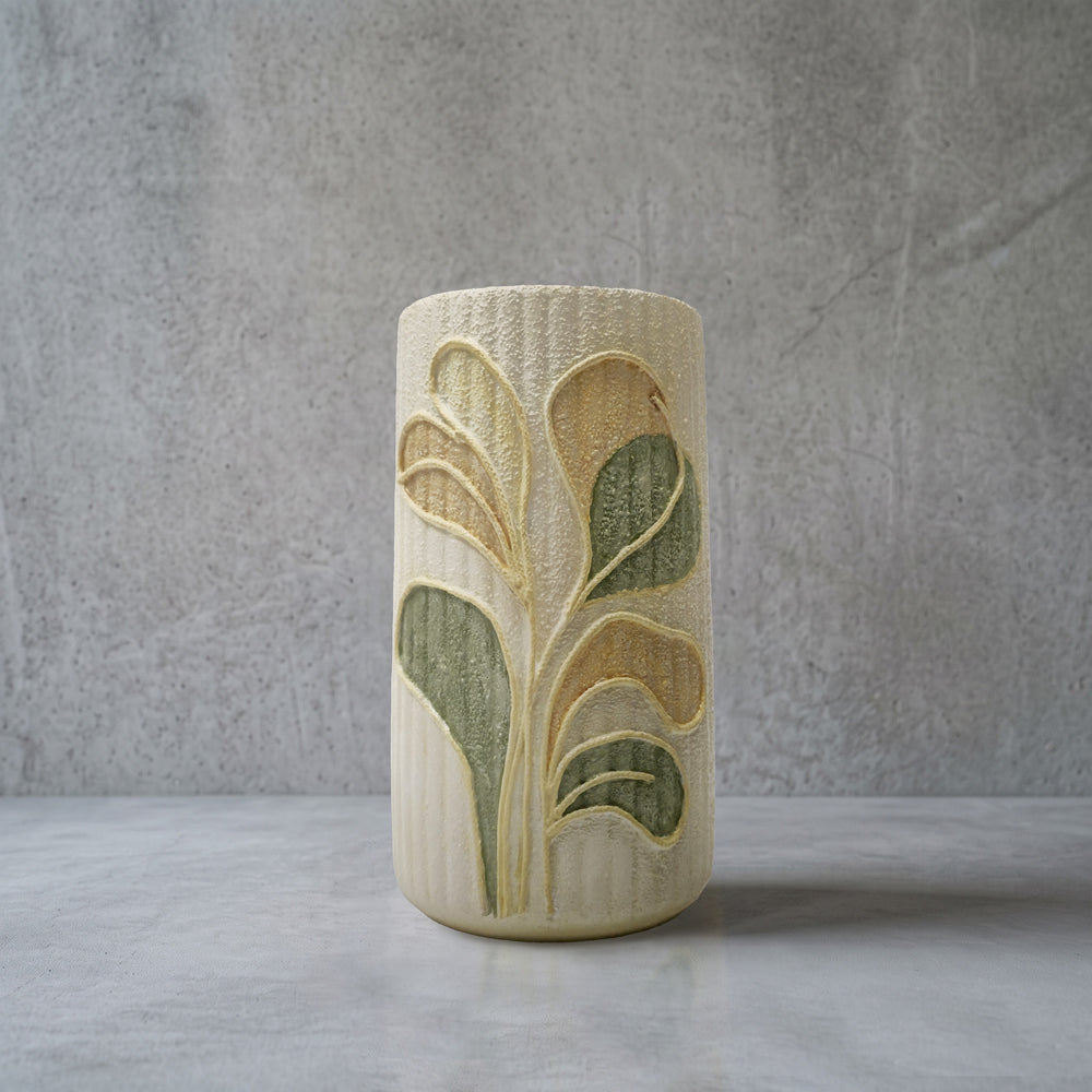Keramik bodenvase beige handbemaltes Blattmotiv, 22 cm
