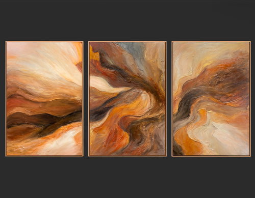 „Blitz der Ewigkeit“ – abstraktes Triptychon in Braun und Orange
