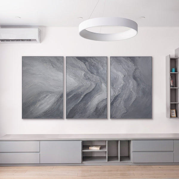 „Erinnerung der Felsen“ – graues Triptychon Abstrakt 3-teilig