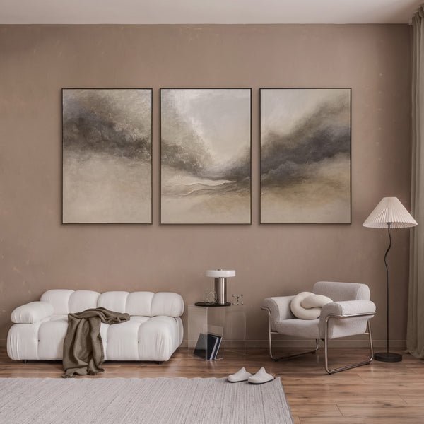 „Nebliger Morgen“ – abstraktes Triptychon in Grau und Beige